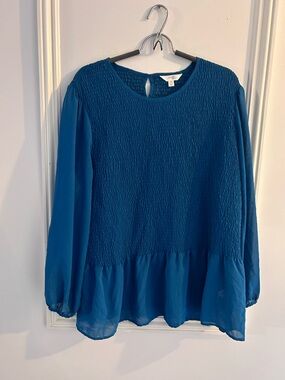 Terra & Sky Teal Blue Smocked Peplum Blouse